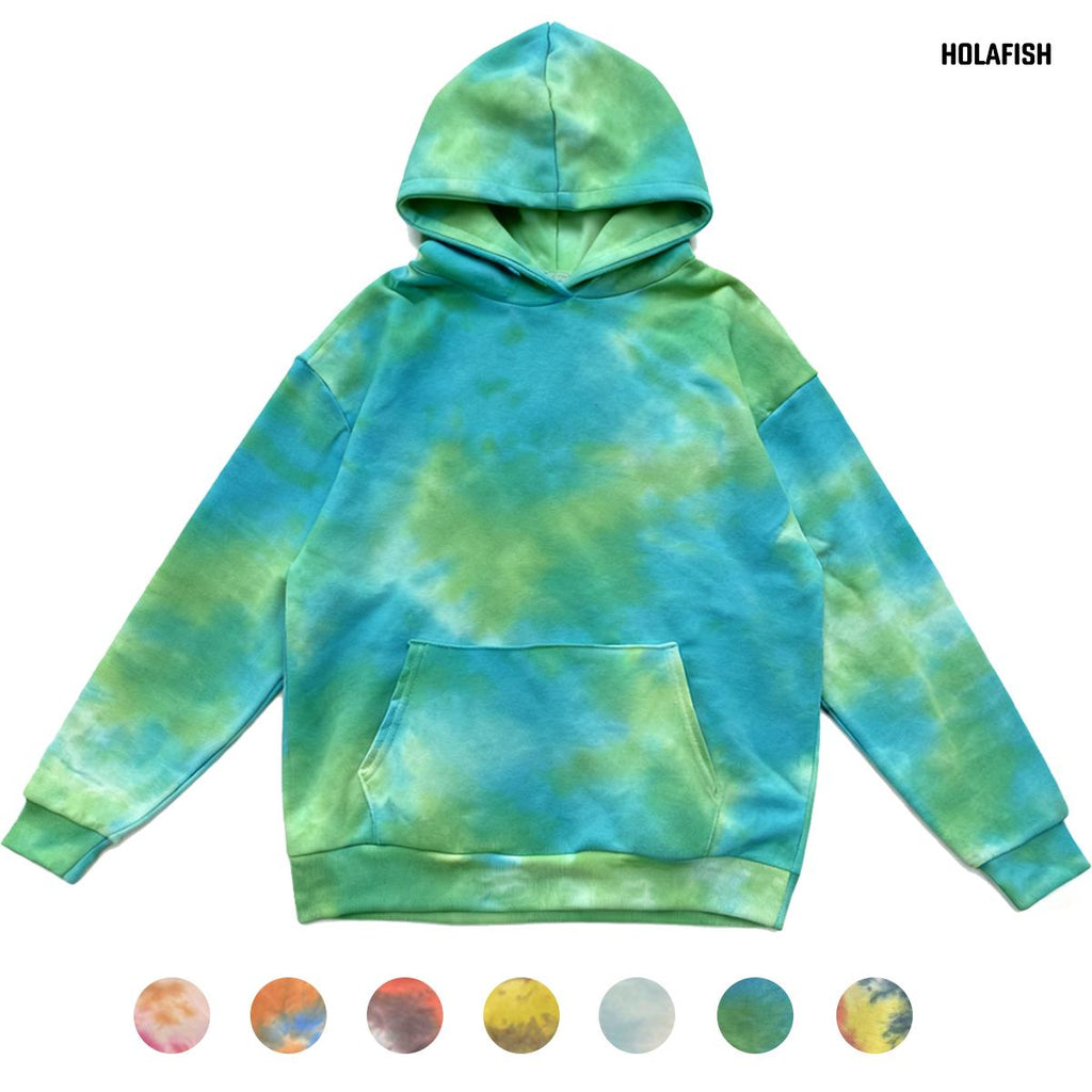 Holafish Allover-Pattern Hoodie, Tie-Dye, Green, tie-dye hoodie front flat lay with color swatches.