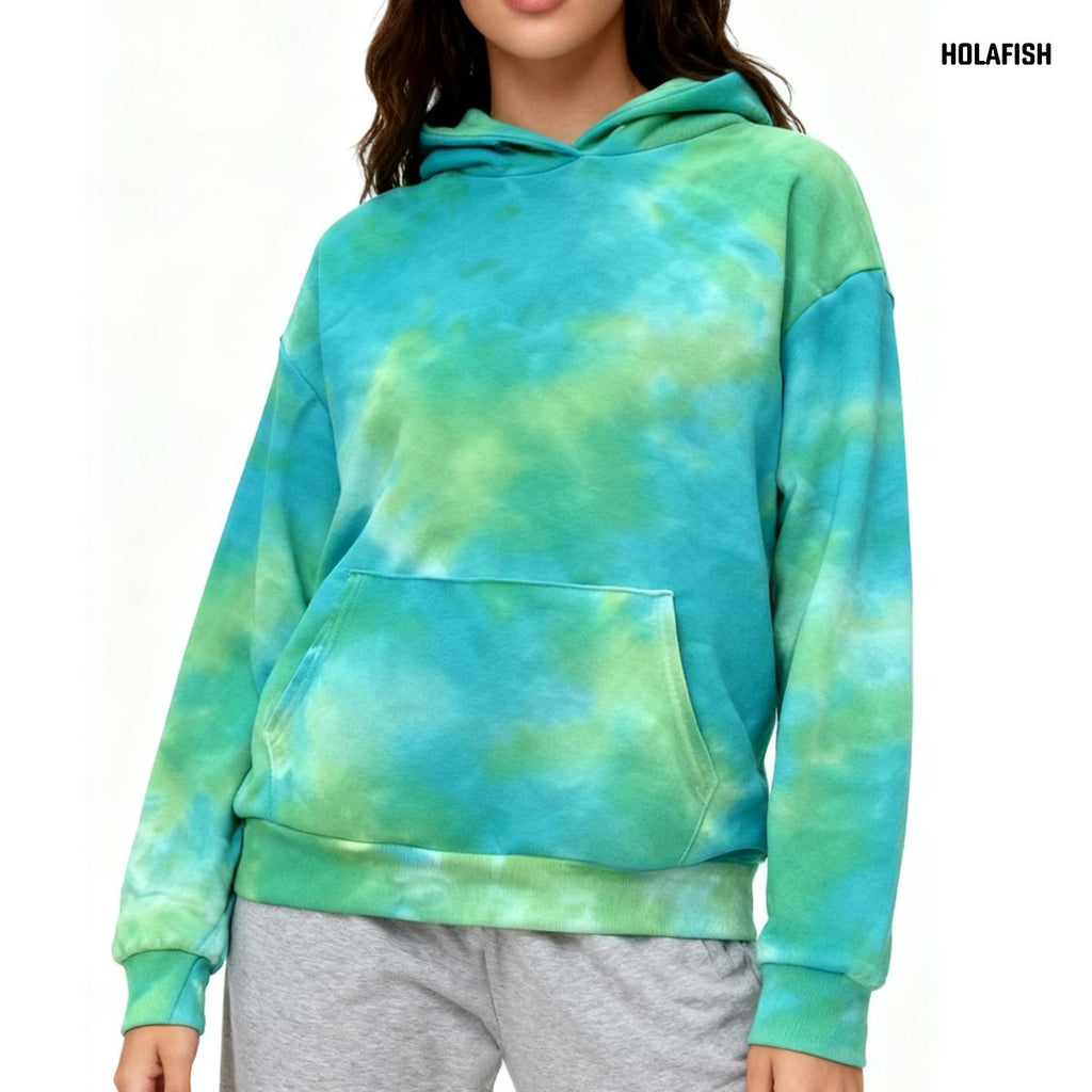 Holafish Allover-Pattern Hoodie, Tie-Dye, Green, tie-dye hoodie model front view.