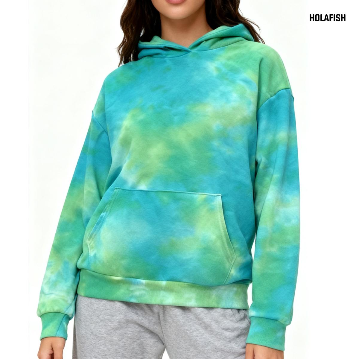Holafish Allover-Pattern Hoodie, Tie-Dye, Green, tie-dye hoodie model front view.