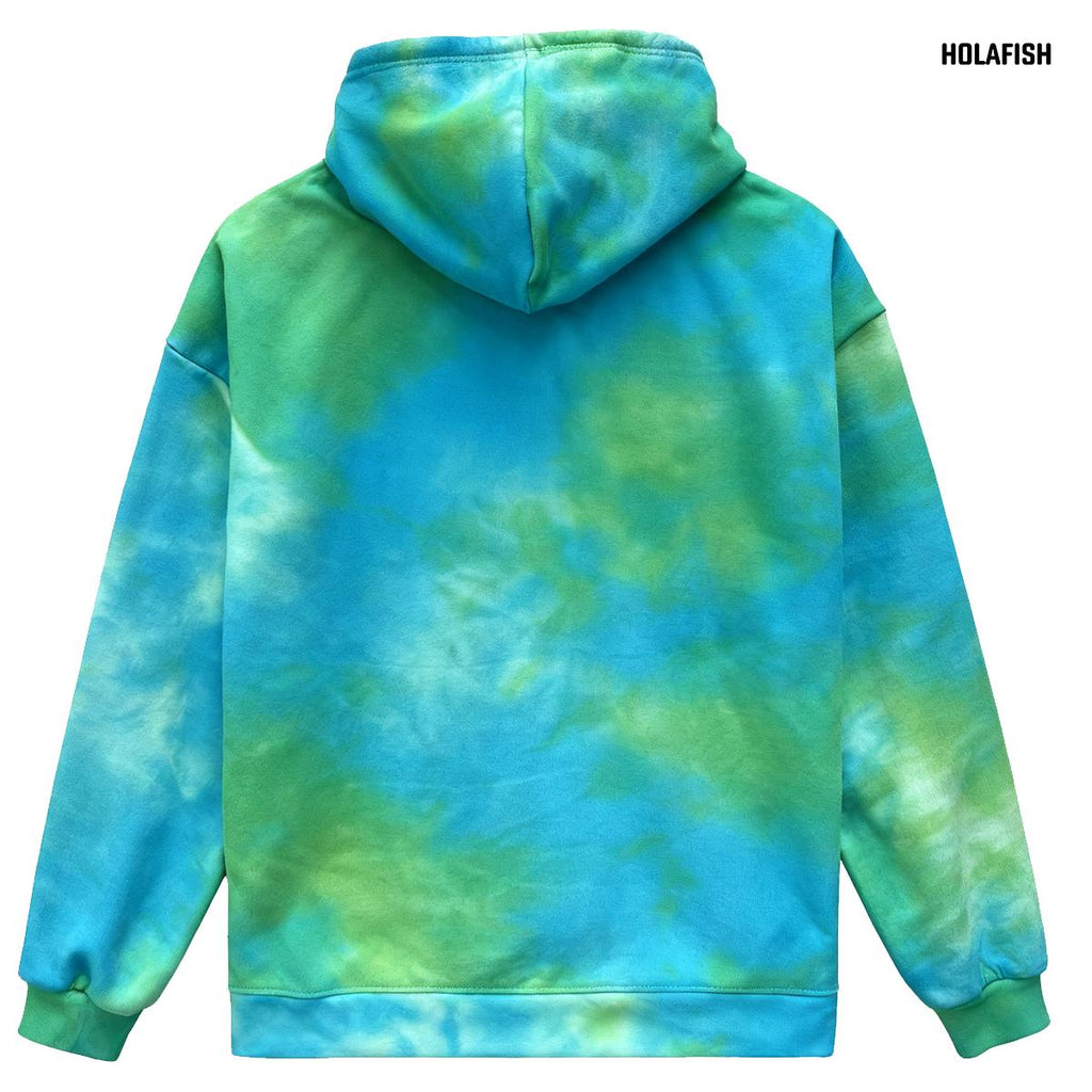 Holafish Allover-Pattern Hoodie, Tie-Dye, Green, tie-dye hoodie back flat lay.