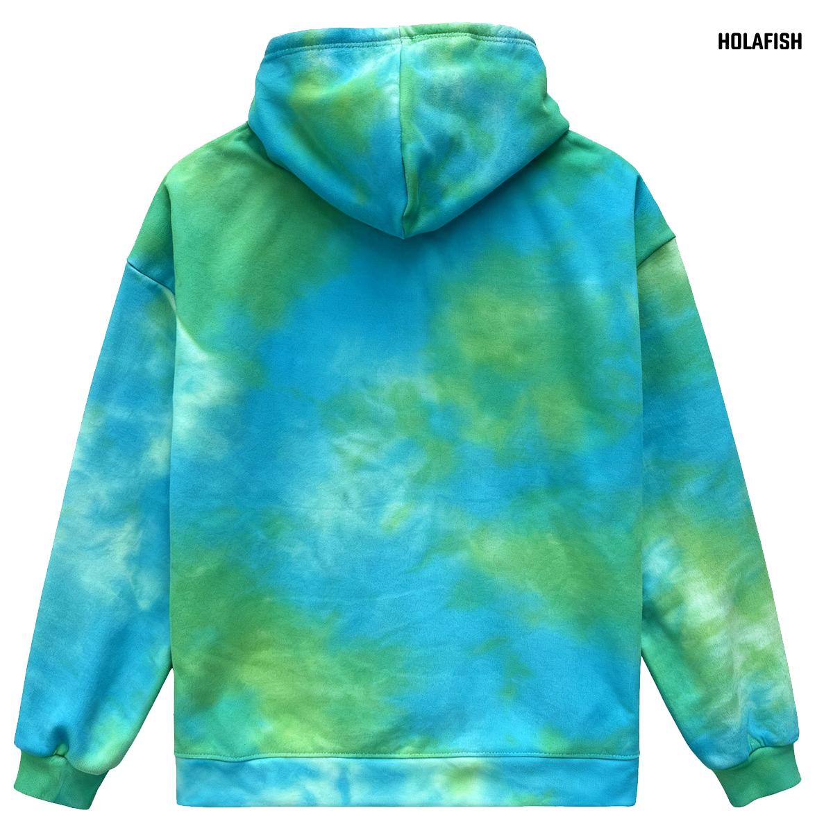 Holafish Allover-Pattern Hoodie, Tie-Dye, Green, tie-dye hoodie back flat lay.