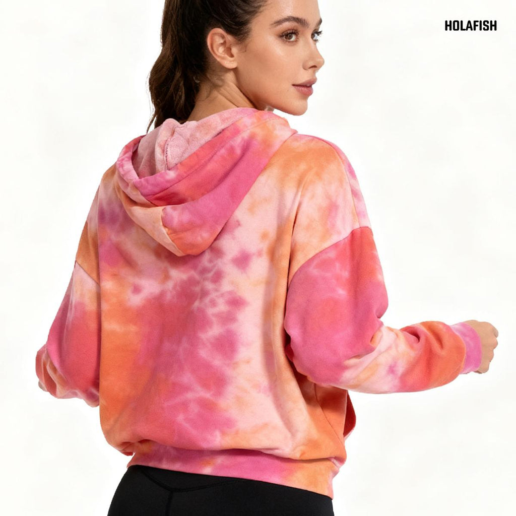 Holafish Allover-Pattern Hoodie, Tie-Dye, Pink, tie-dye hoodie model back view.