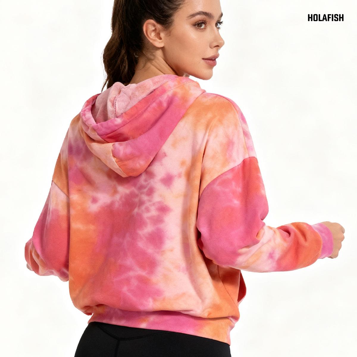 Holafish Allover-Pattern Hoodie, Tie-Dye, Pink, tie-dye hoodie model back view.