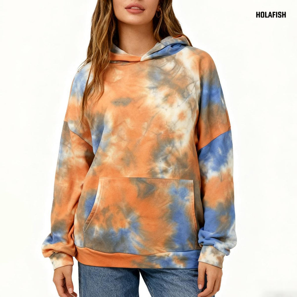 Holafish Allover-Pattern Hoodie, Tie-Dye, Burnt Orange, tie-dye hoodie model front view.
