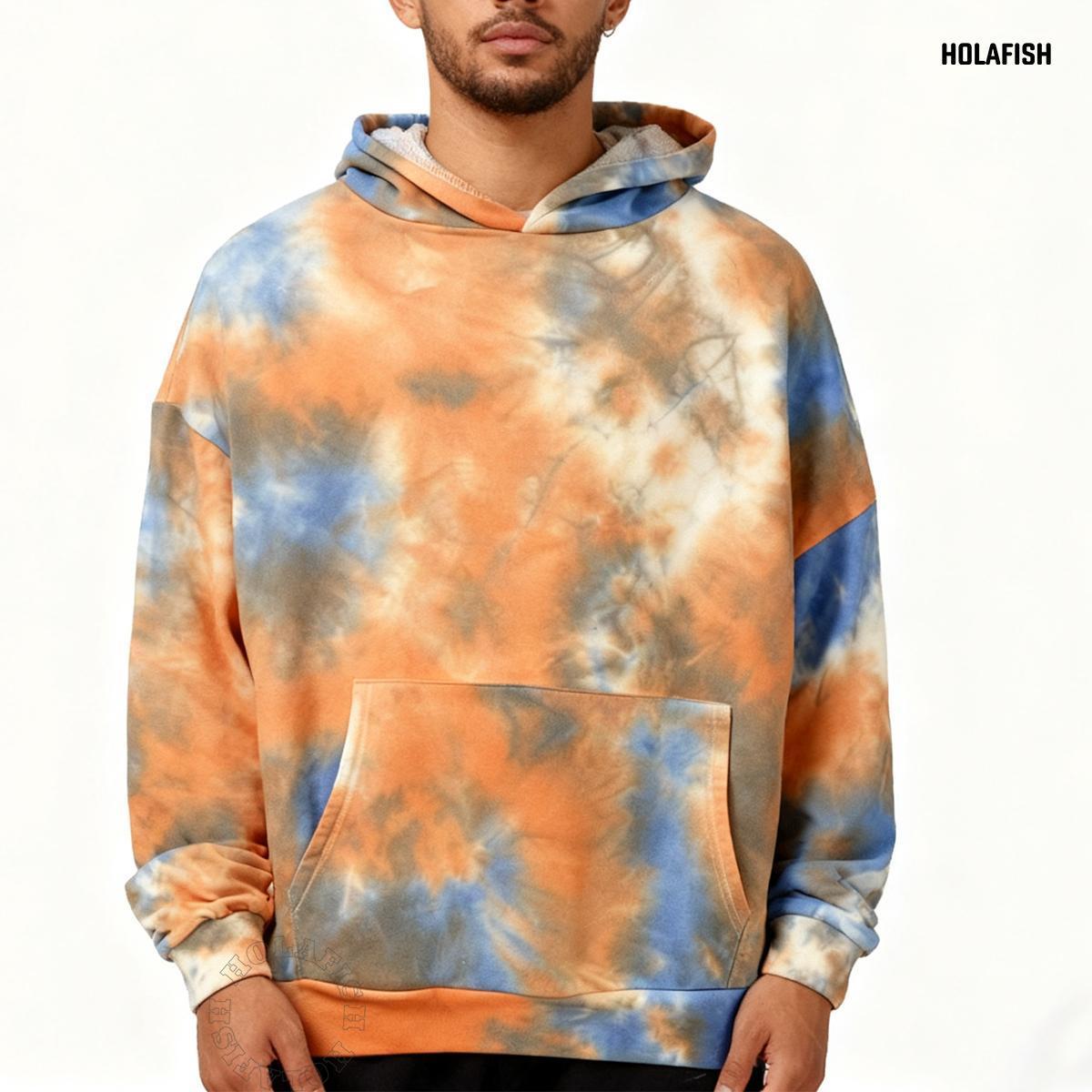 Holafish Allover-Pattern Hoodie, Tie-Dye, Burnt Orange, tie-dye hoodie model front view.