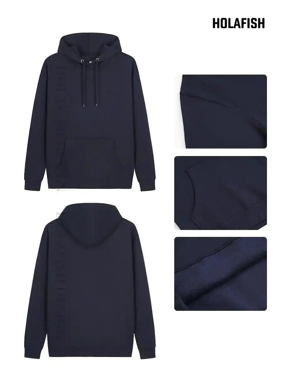 Holafish Fleece Hoodie, No Print, Navy, front-and-back and fabric-detail collage.