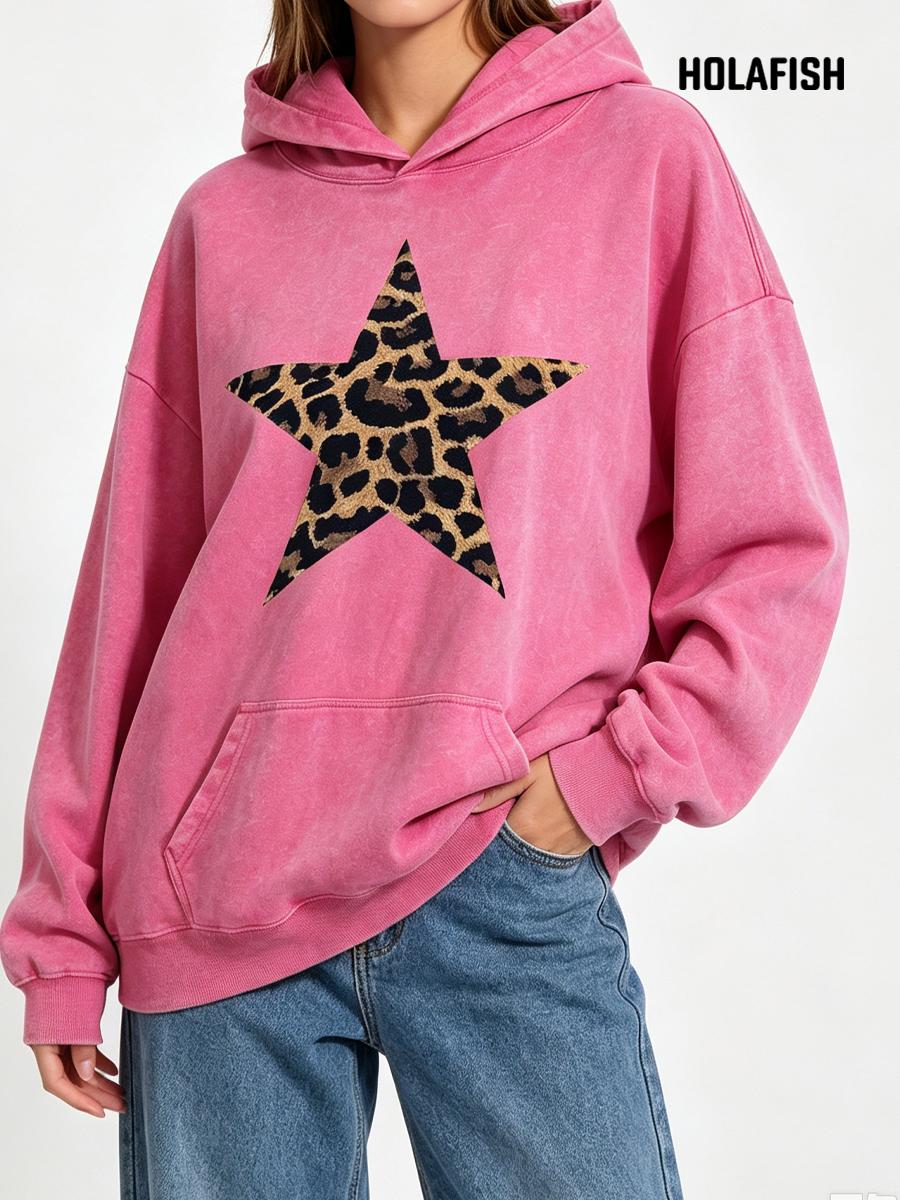 Holafish Acid-Wash Hoodie, Leopard Star Front, Pink, model front view.