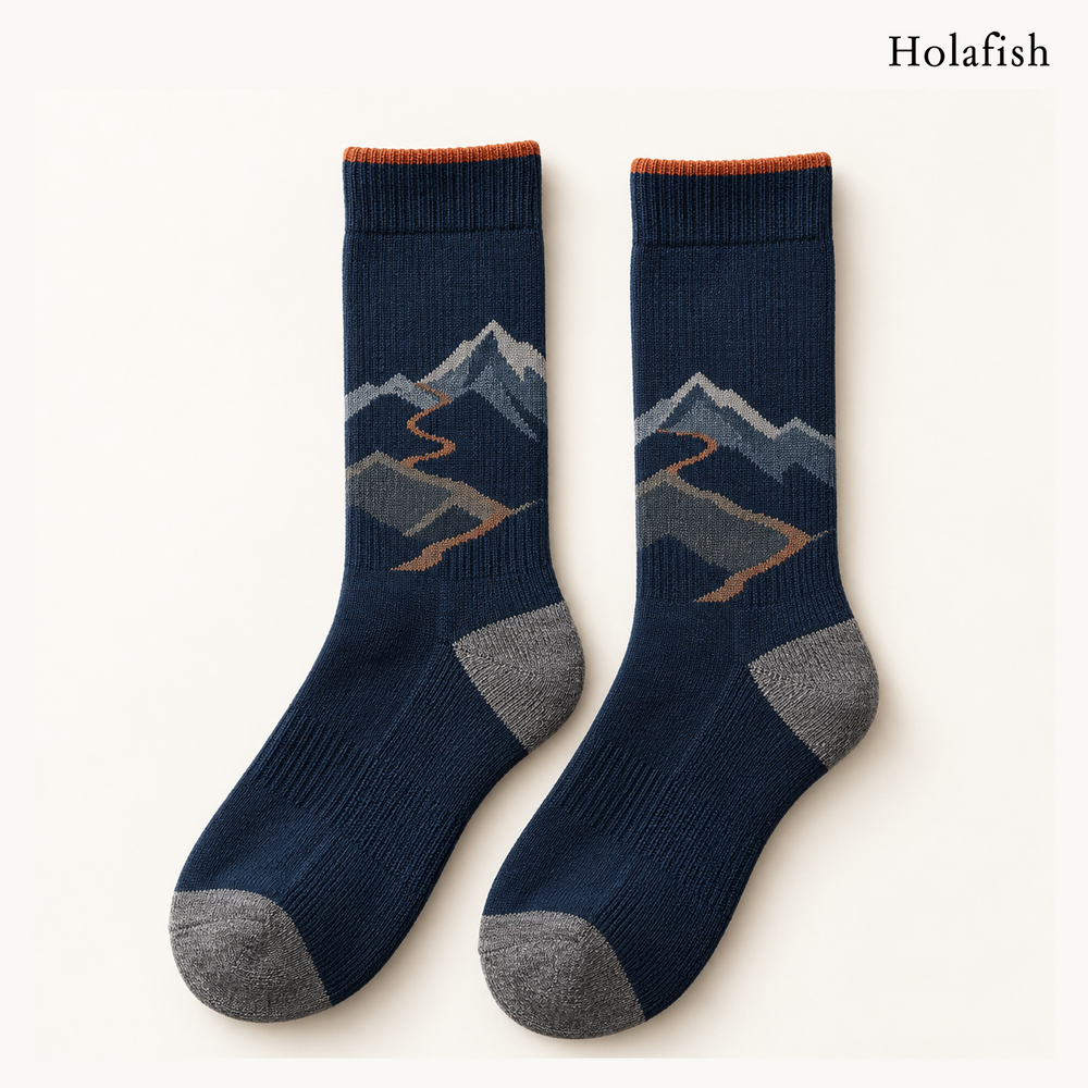 Holafish Mountain Path original crew sock design in Navy