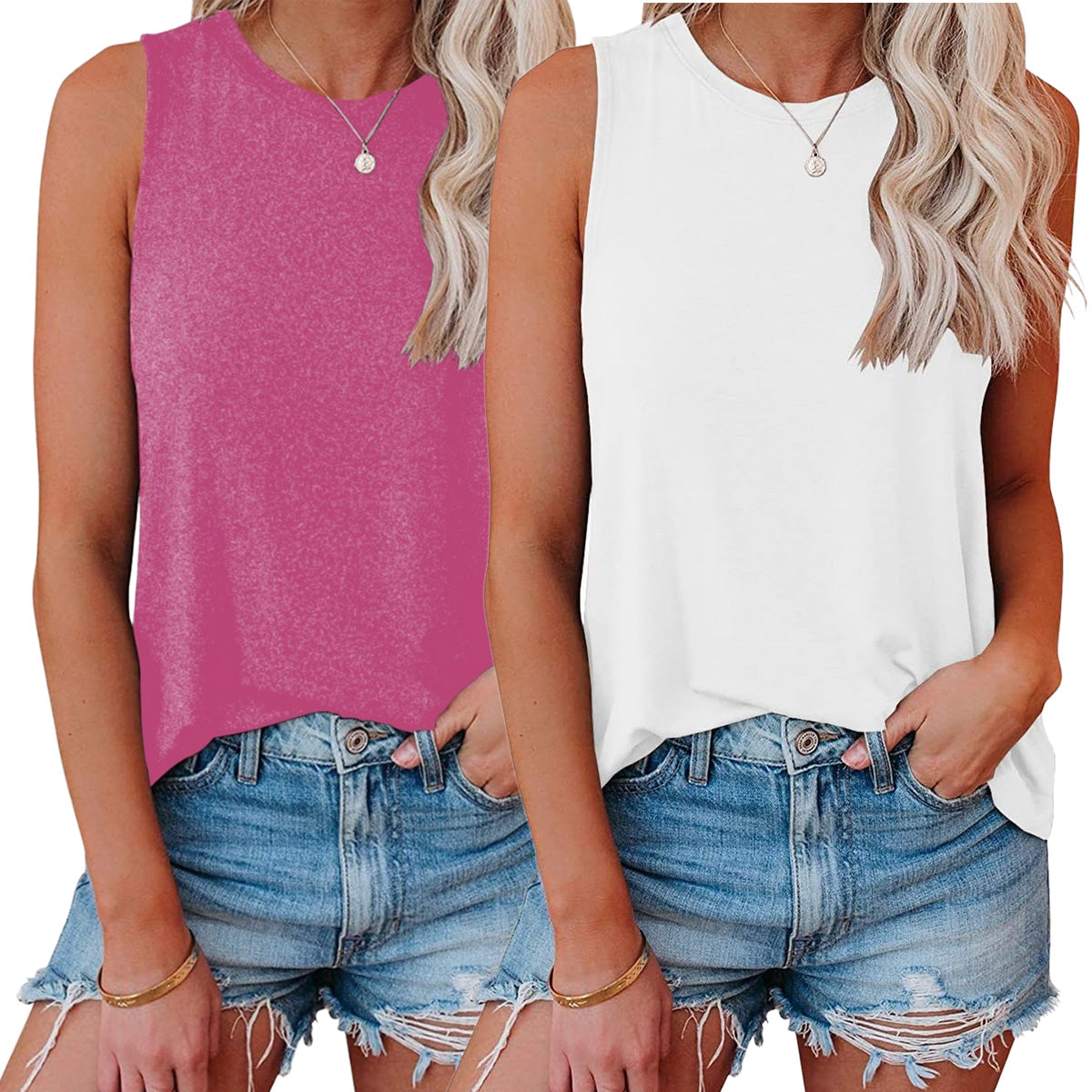 Holafish 2Pack Summer Tank Tops for Women Plain Round Neck Sleeveles T Shirts Loose Breathable Workout Racerback Tank Tops Soft Polyester Solid Color