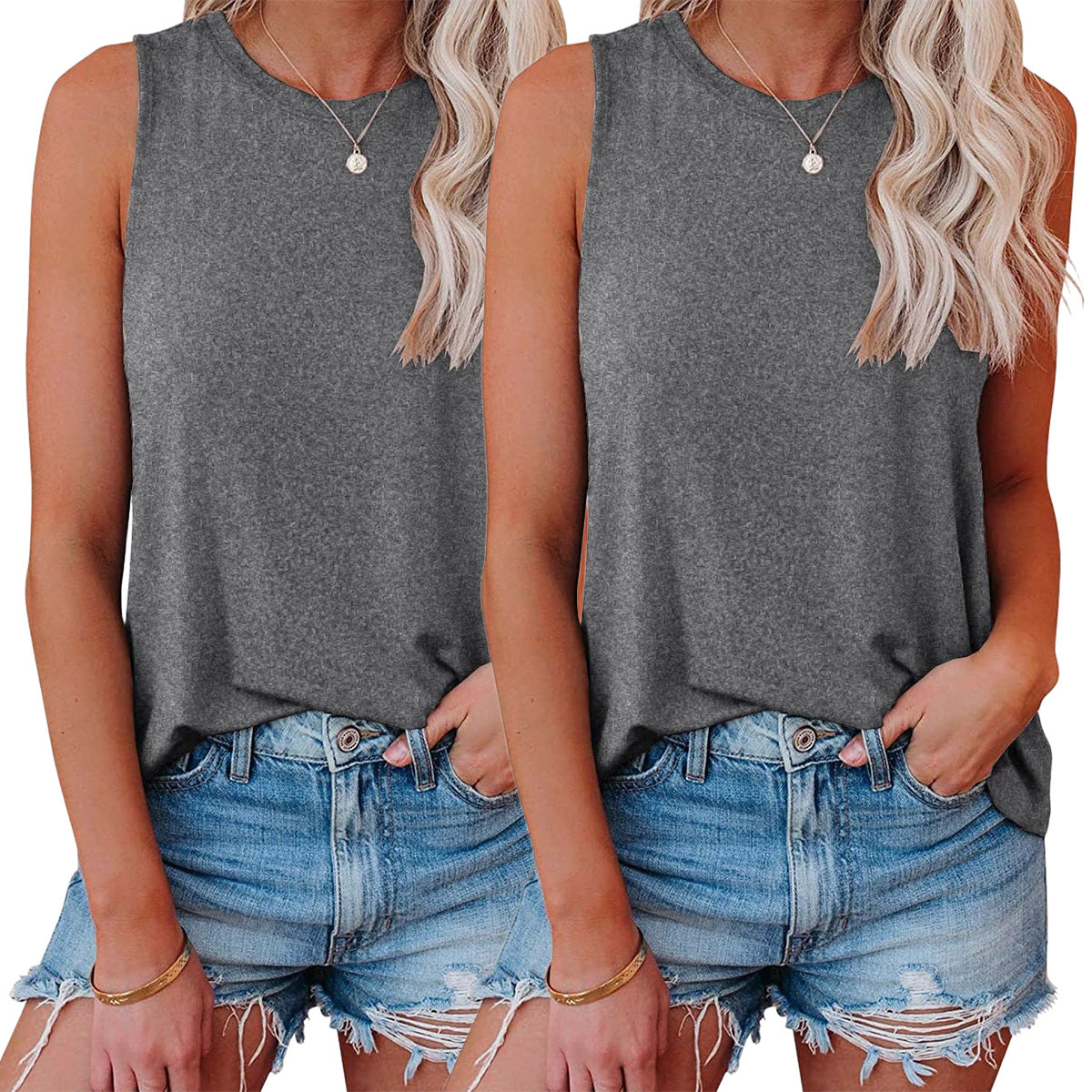 Holafish 2Pack Summer Tank Tops for Women Plain Round Neck Sleeveles T Shirts Loose Breathable Workout Racerback Tank Tops Soft Polyester Solid Color