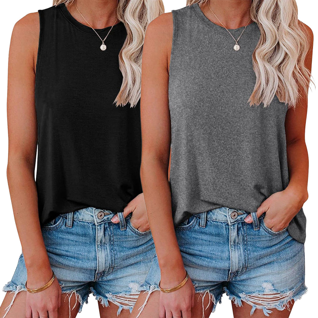 Holafish 2Pack Summer Tank Tops for Women Plain Round Neck Sleeveles T Shirts Loose Breathable Workout Racerback Tank Tops Soft Polyester Solid Color