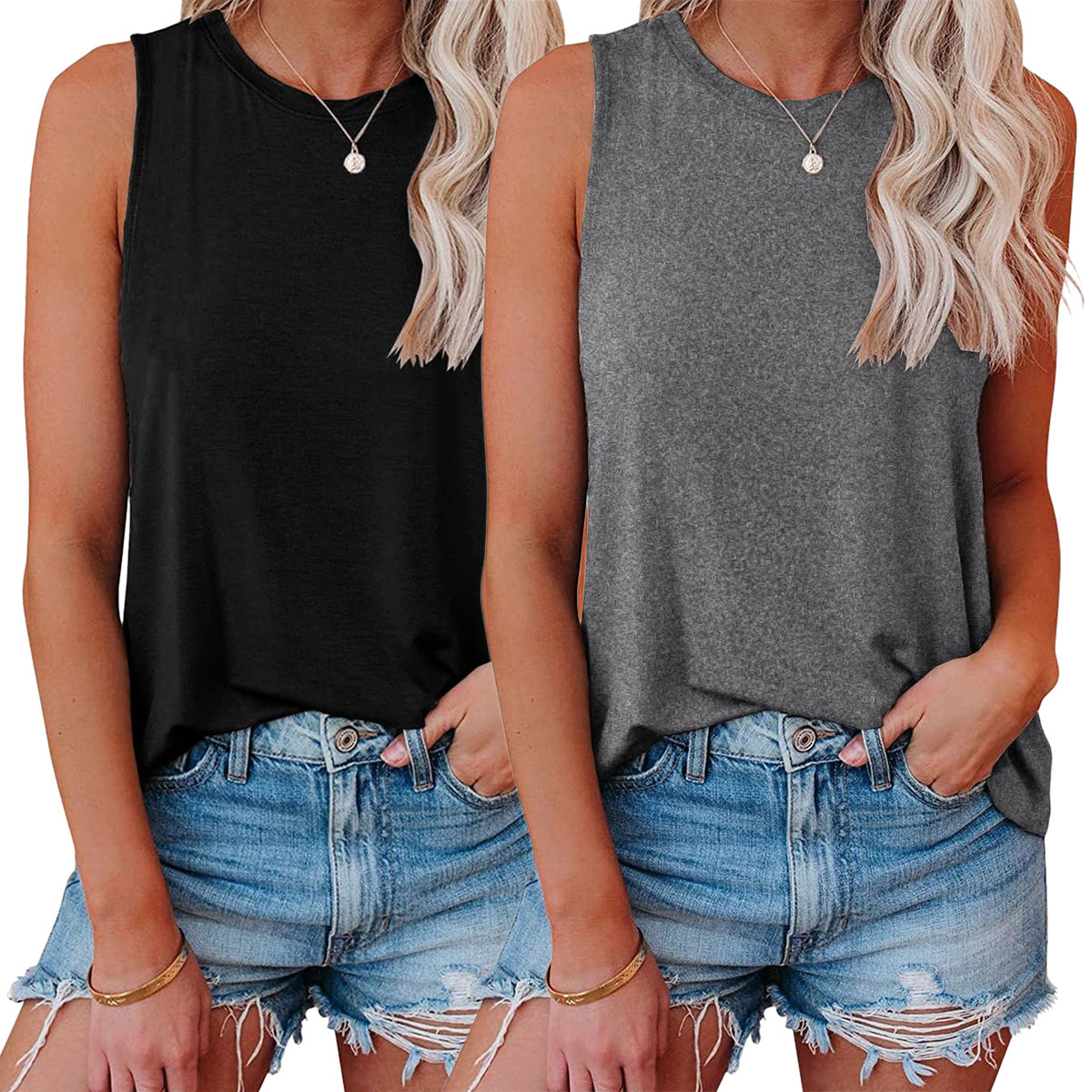 Holafish 2Pack Summer Tank Tops for Women Plain Round Neck Sleeveles T Shirts Loose Breathable Workout Racerback Tank Tops Soft Polyester Solid Color