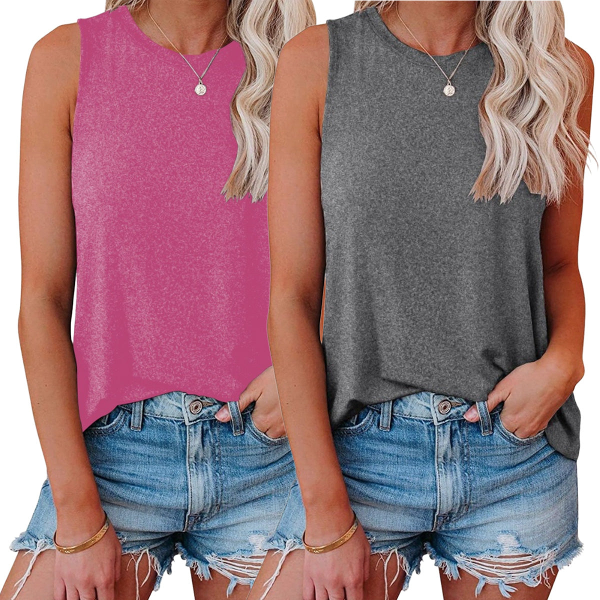 Holafish 2Pack Summer Tank Tops for Women Plain Round Neck Sleeveles T Shirts Loose Breathable Workout Racerback Tank Tops Soft Polyester Solid Color
